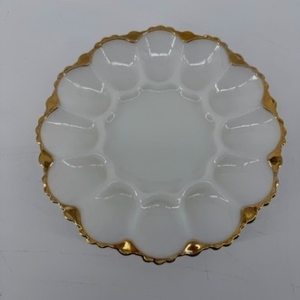 Vintage White Milk Glass Deviled Egg Plate Gold Trim Scalloped Rim 10 Inch